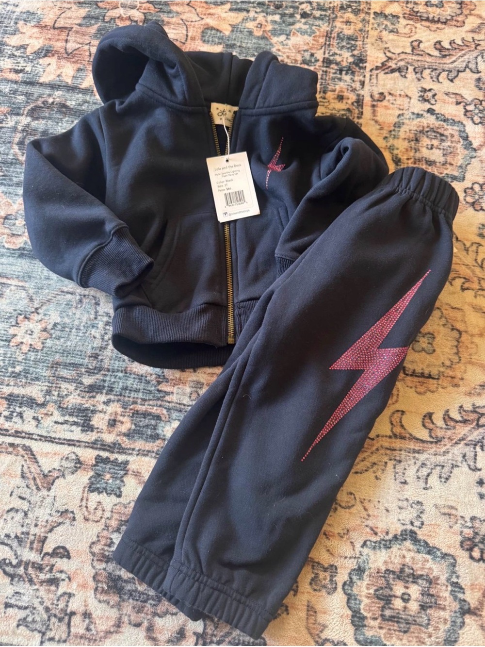 Lola + The Boys Black Sweatpants & Hoodie Set with Pink Lightning